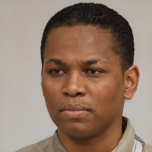 Neutral black young-adult female with short  black hair and brown eyes