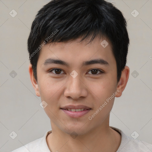 Joyful asian young-adult male with short  black hair and brown eyes