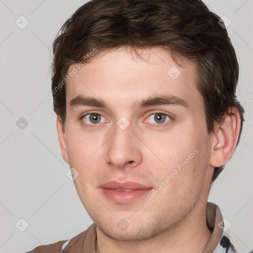 Neutral white young-adult male with short  brown hair and grey eyes