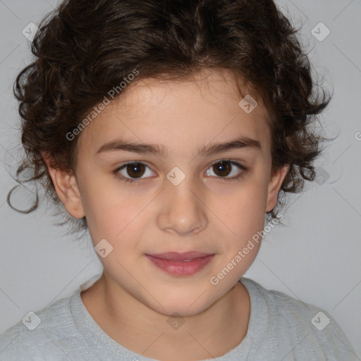 Joyful white child female with medium  brown hair and brown eyes