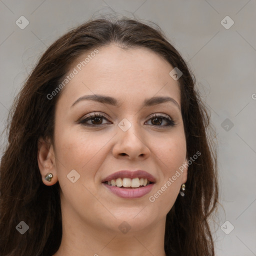 Joyful white young-adult female with long  brown hair and brown eyes