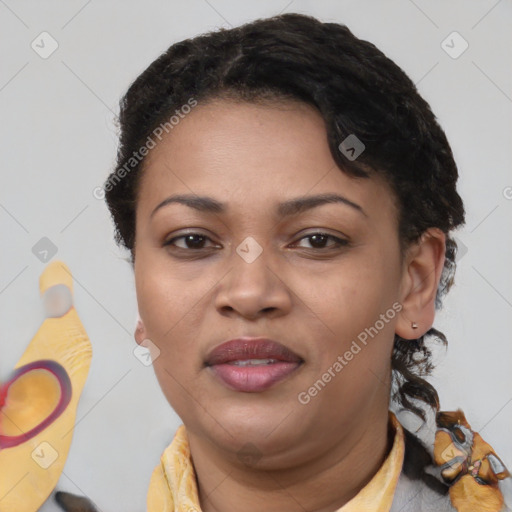 Joyful latino young-adult female with short  brown hair and brown eyes