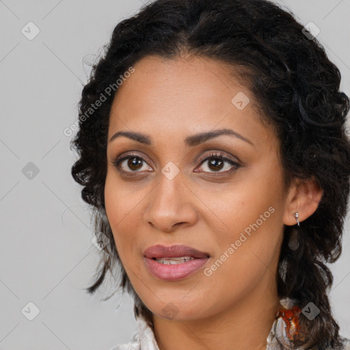 Joyful latino young-adult female with medium  brown hair and brown eyes