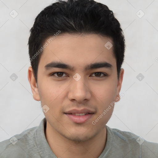 Joyful latino young-adult male with short  brown hair and brown eyes