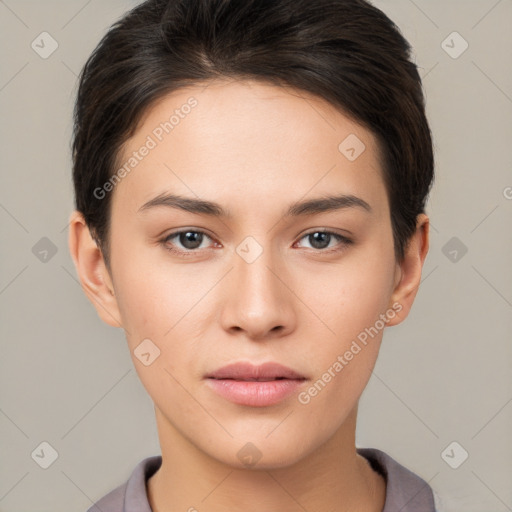 Neutral white young-adult female with short  brown hair and brown eyes