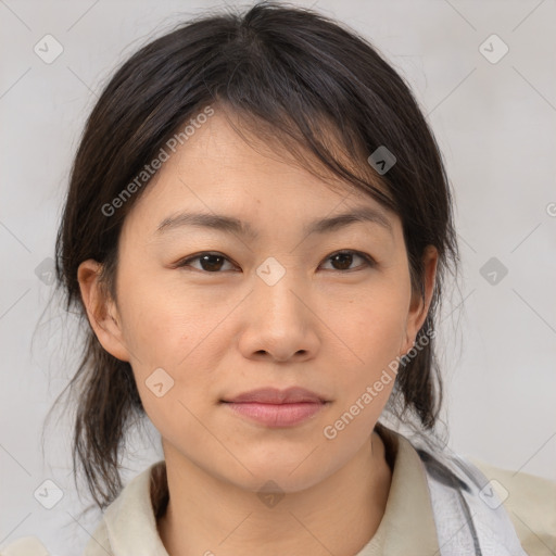 Neutral white young-adult female with medium  brown hair and brown eyes