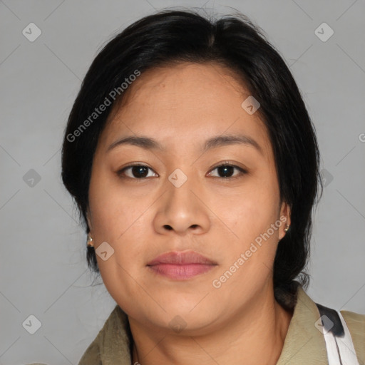 Neutral asian young-adult female with medium  brown hair and brown eyes