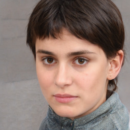 Neutral white young-adult female with short  brown hair and brown eyes