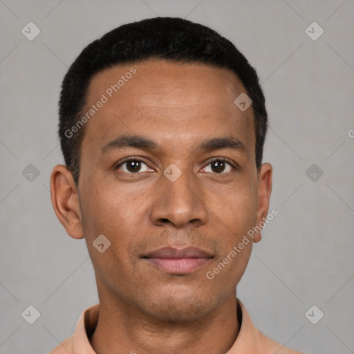 Neutral latino young-adult male with short  black hair and brown eyes