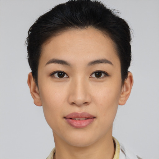 Neutral asian young-adult female with short  brown hair and brown eyes