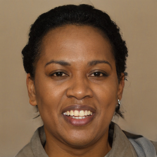Joyful black adult female with short  brown hair and brown eyes