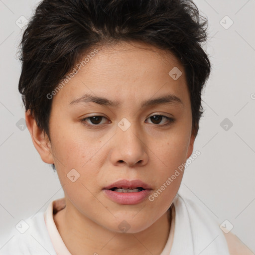 Neutral white young-adult female with short  brown hair and brown eyes