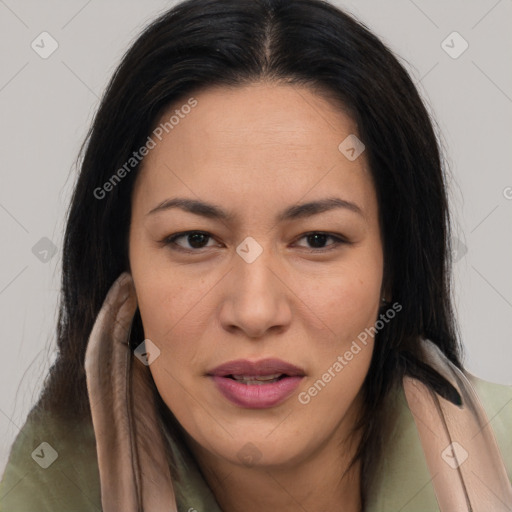 Joyful asian young-adult female with long  brown hair and brown eyes