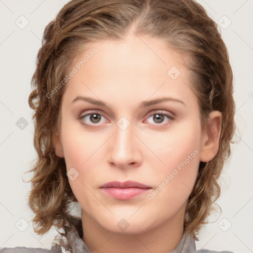 Neutral white young-adult female with medium  brown hair and grey eyes