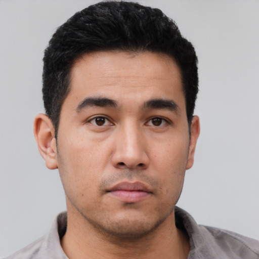 Neutral asian young-adult male with short  black hair and brown eyes