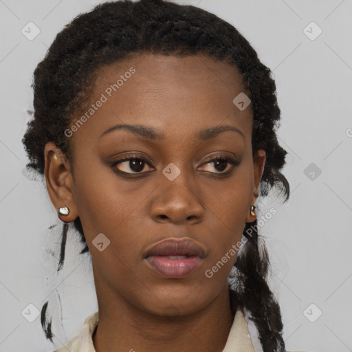 Neutral black young-adult female with short  brown hair and brown eyes