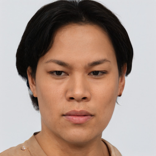 Neutral asian young-adult female with short  brown hair and brown eyes