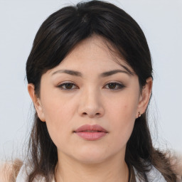 Neutral asian young-adult female with medium  brown hair and brown eyes