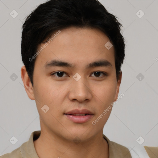 Neutral asian young-adult male with short  brown hair and brown eyes