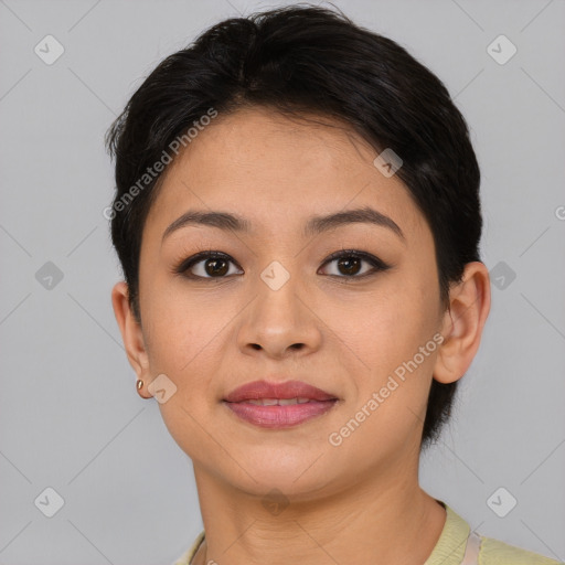 Joyful asian young-adult female with short  brown hair and brown eyes