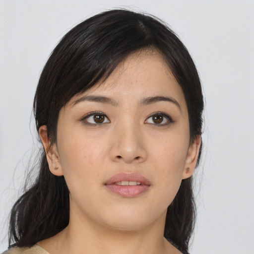 Neutral asian young-adult female with medium  black hair and brown eyes