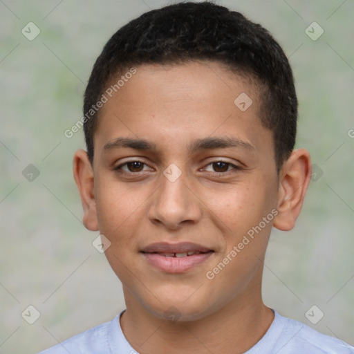 Joyful latino young-adult male with short  brown hair and brown eyes