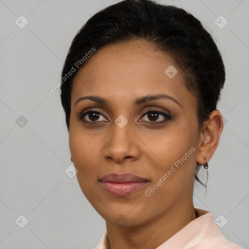 Joyful latino young-adult female with short  brown hair and brown eyes