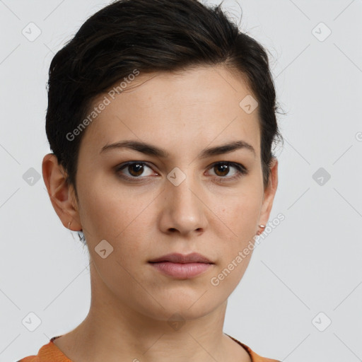 Neutral white young-adult female with short  brown hair and brown eyes