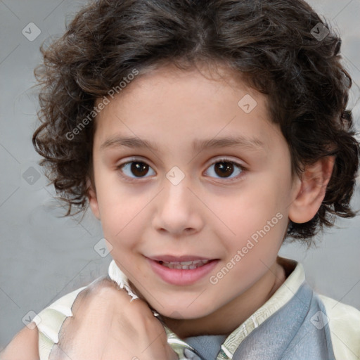 Joyful white child female with medium  brown hair and brown eyes