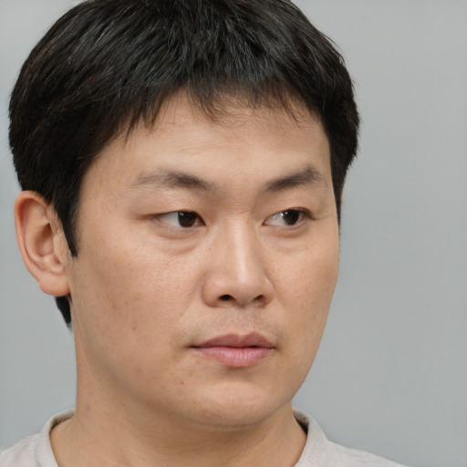 Neutral asian young-adult male with short  brown hair and brown eyes