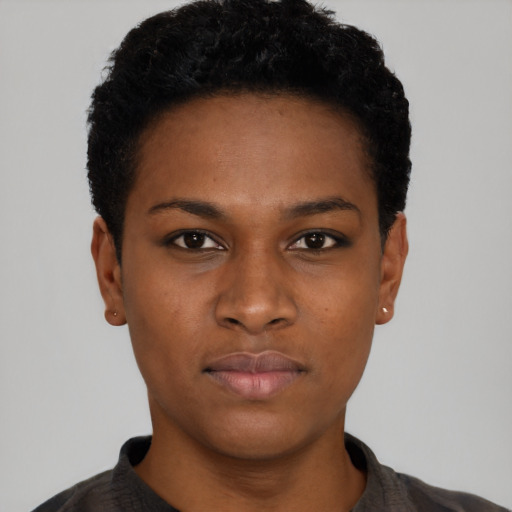 Neutral black young-adult female with short  black hair and brown eyes