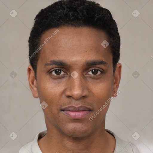 Neutral black young-adult male with short  black hair and brown eyes