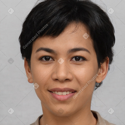 Joyful asian young-adult female with short  black hair and brown eyes