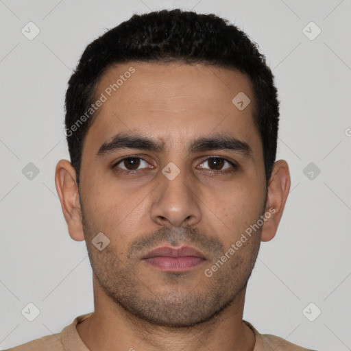 Neutral latino young-adult male with short  black hair and brown eyes