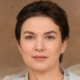 Joyful white adult female with short  brown hair and brown eyes