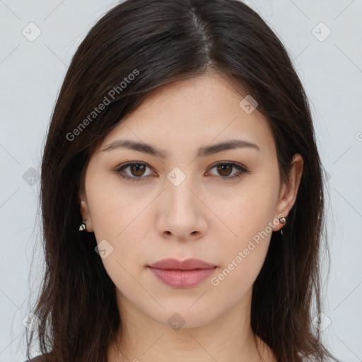 Neutral asian young-adult female with long  brown hair and brown eyes