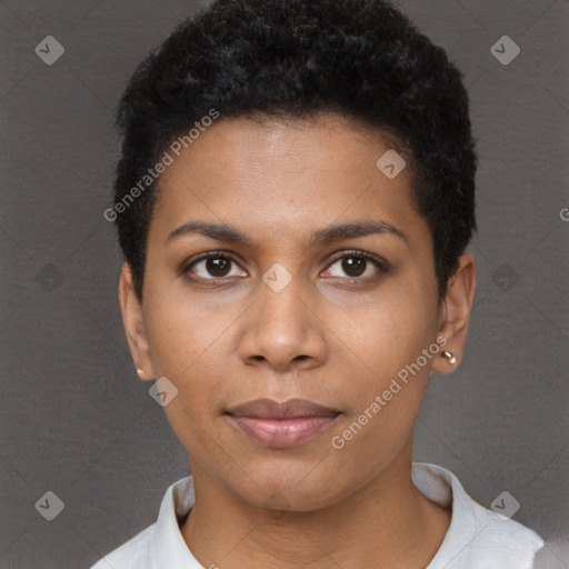 Neutral black young-adult female with short  black hair and brown eyes