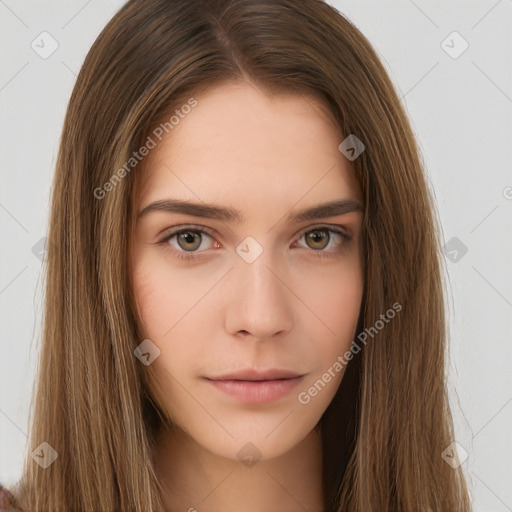 Neutral white young-adult female with long  brown hair and brown eyes