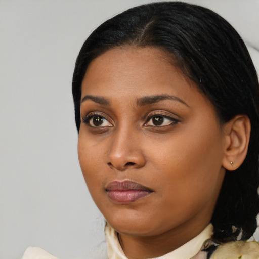 Joyful black young-adult female with medium  black hair and brown eyes