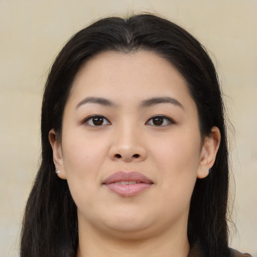 Neutral asian young-adult female with long  brown hair and brown eyes