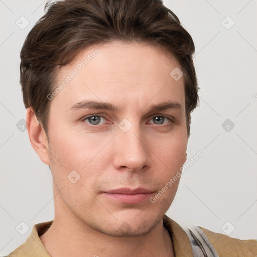 Neutral white young-adult male with short  brown hair and grey eyes