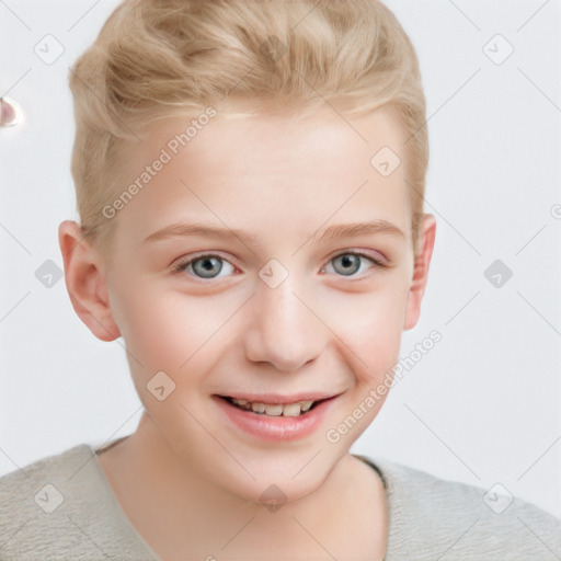 Joyful white child female with short  brown hair and blue eyes