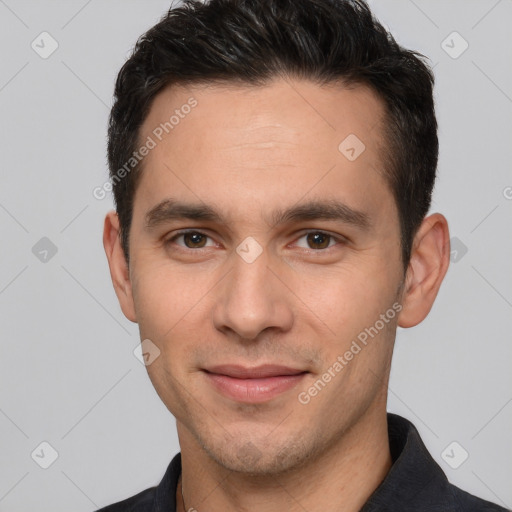 Joyful white young-adult male with short  brown hair and brown eyes