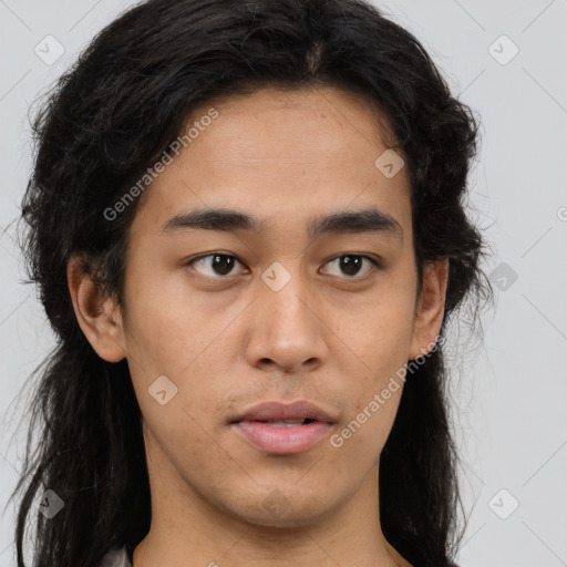 Neutral asian young-adult male with long  brown hair and brown eyes