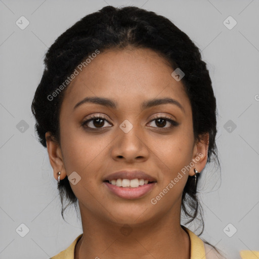 Joyful latino young-adult female with short  black hair and brown eyes