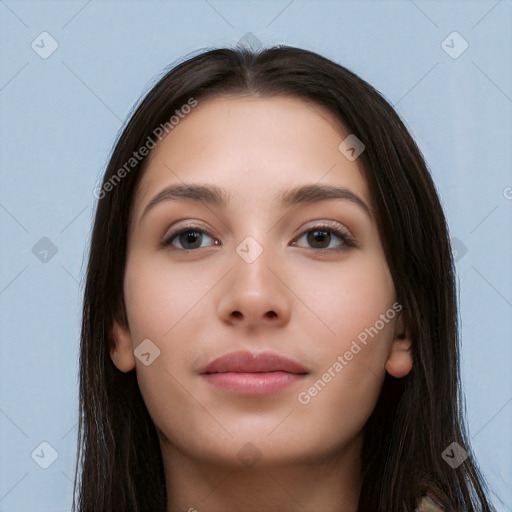 Neutral white young-adult female with long  brown hair and brown eyes