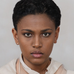 Neutral black young-adult female with short  black hair and brown eyes