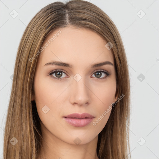 Neutral white young-adult female with long  brown hair and brown eyes