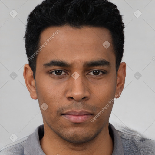 Neutral latino young-adult male with short  black hair and brown eyes