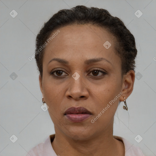 Neutral black adult female with short  brown hair and brown eyes